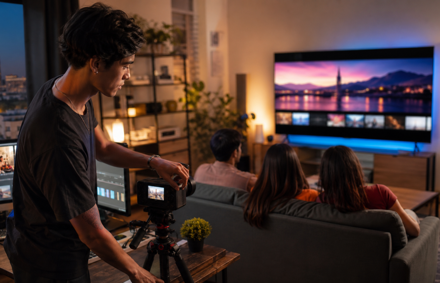 Creador ajusta una cámara mientras un grupo ve contenido digital en una televisión conectada