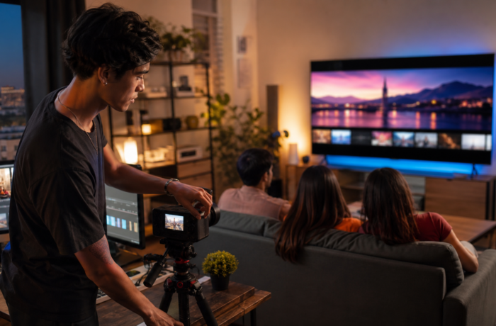 Creador ajusta una cámara mientras un grupo ve contenido digital en una televisión conectada